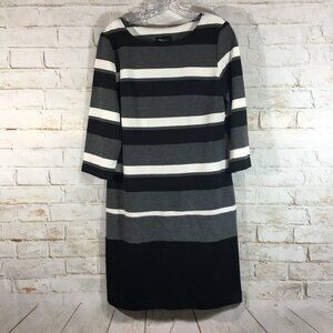RN Studio Dress Womens Size 12 Black White Stripe Midi Stretch Office Dress